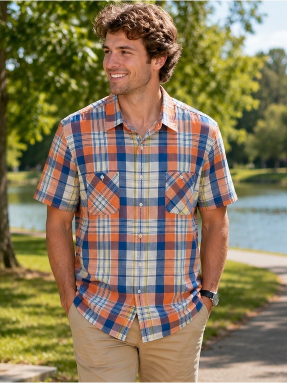 Nautica Men’s Plaid Short Sleeve Button-Down Shirt pockets XXL